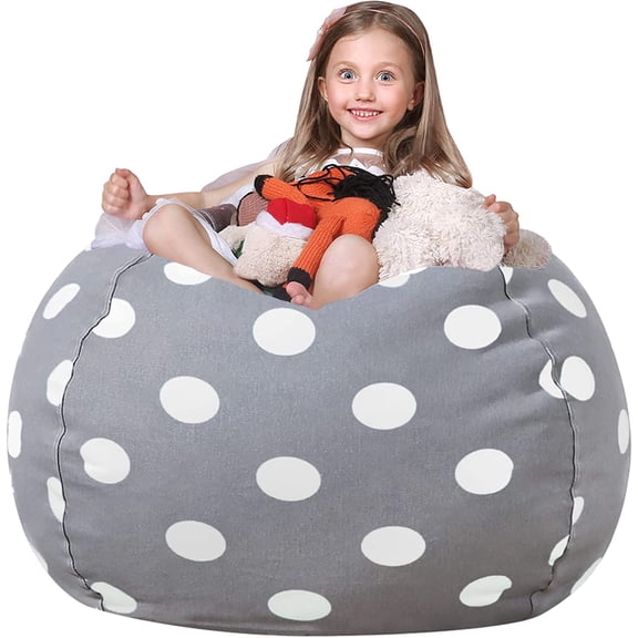 Stuffed Animal Storage Bean Bag Chair Cover with Zipper for Kids Large Cotton Canvas Gray Dot XX-Large