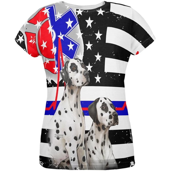 Firefighter EMT Dalmatian Live Forever Thin Red Line Flag All Over Womens T Shirt Multi 2XL