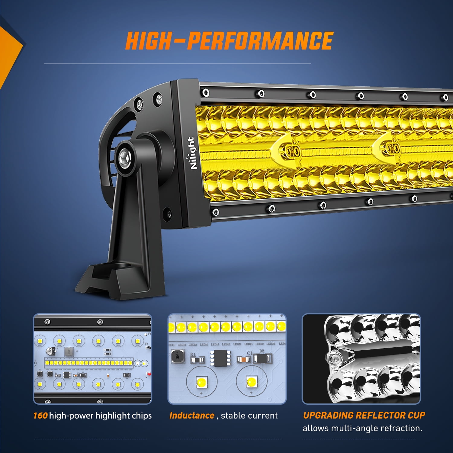 Nilight Amber Led Light Bar 22Inch 480W Triple Row Flood Spot Combo Waterproof Off Road Driving Lighting with Off-Road Wiring Harness for Boat Trucks Pickup SUV ATV UTV, 2 Years Warranty