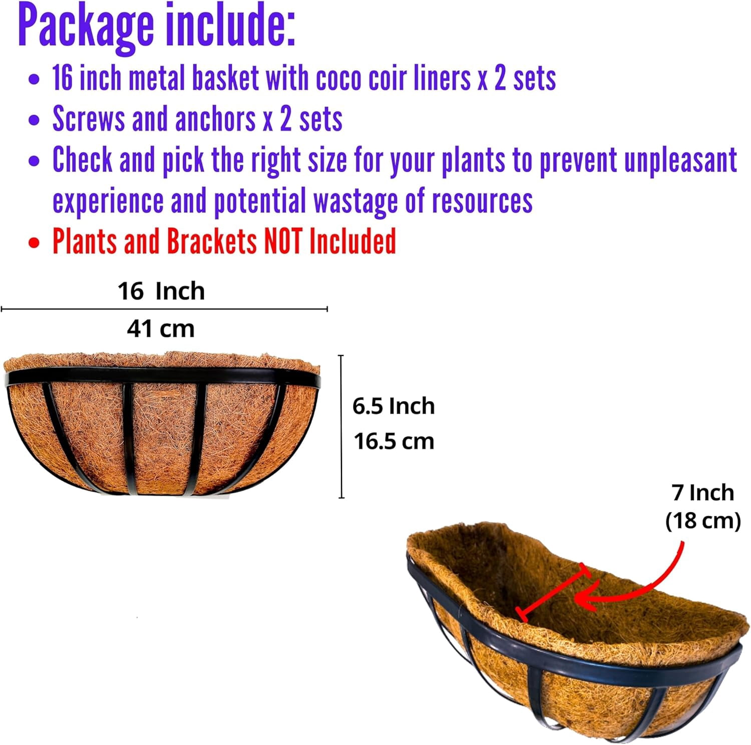 Wall Planters - 16 Inch, 2 Pack Deck Railing Planter Boxes for Outdoor Plants, Window Flower Box with Coco Liners Metal Horse Troughs Fence Balcony Garden Herb Pot Patio Porch Over Rail
