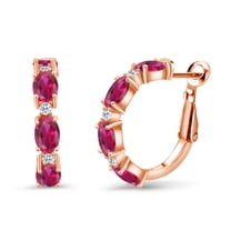 Gem Stone King 4.24 Ct Oval Red Created Ruby White Topaz 18K Rose Gold Plated Silver Hoop Earrings