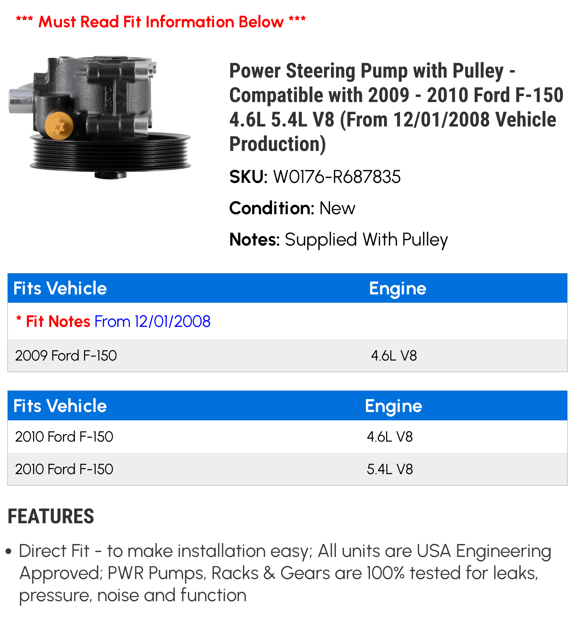 Power Steering Pump with Pulley - Compatible with 2009 - 2010 Ford F-150 4.6L 5.4L V8 (From 12/01/2008 Vehicle Production)