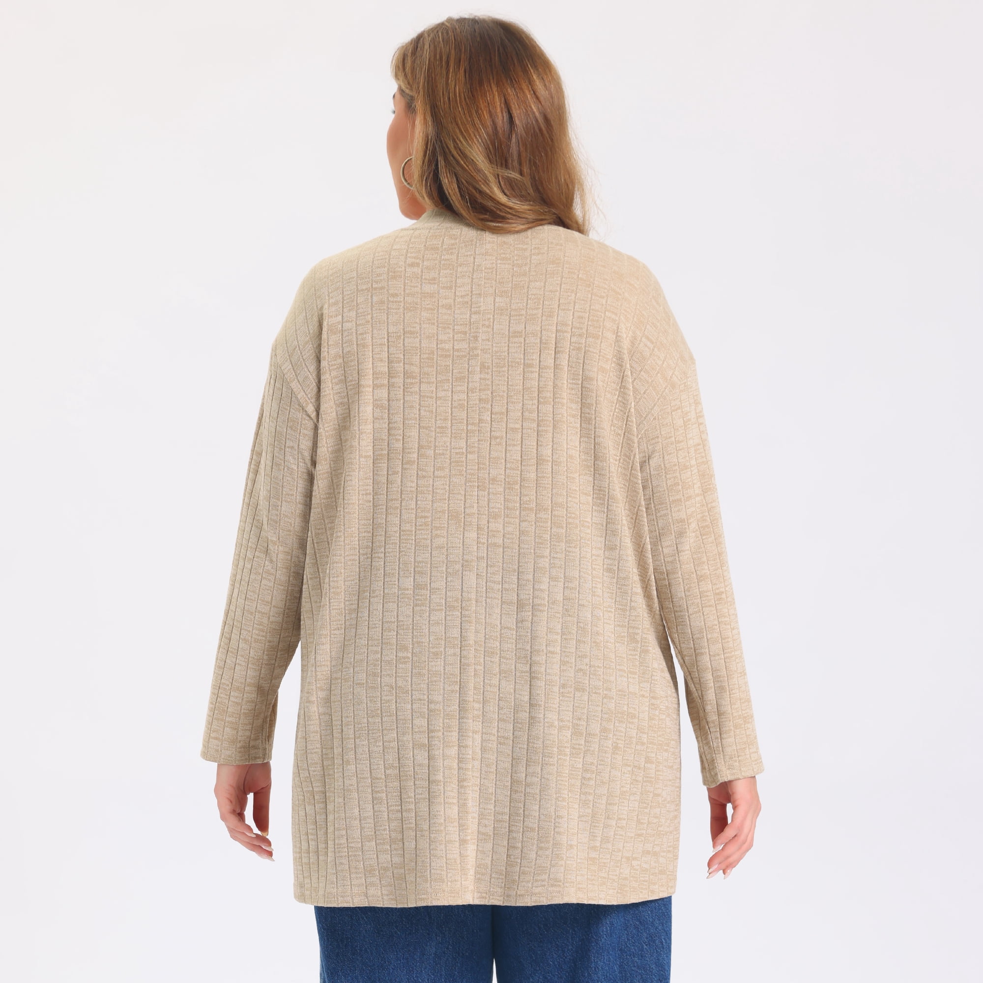 DARING DIVA Women's Plus Open Front Long Sleeve Ribbed Cardigan 2X Beige