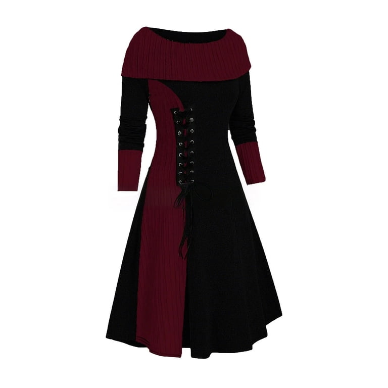 Diufon Womens Vintage Dresses Round Neck Long Sleeve A-Line Dress Color  Block Lace-Up Maxi Dress - Walmart.com