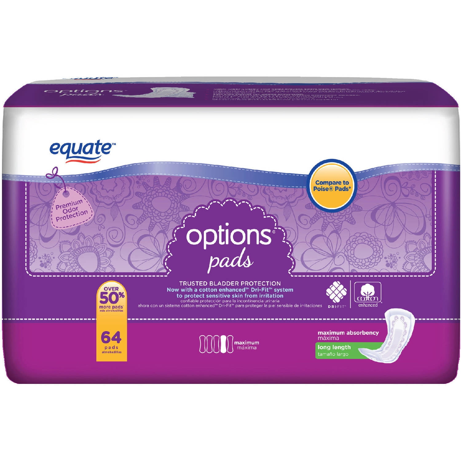 Equate Maxi Pads Regular with Wings, 48 count