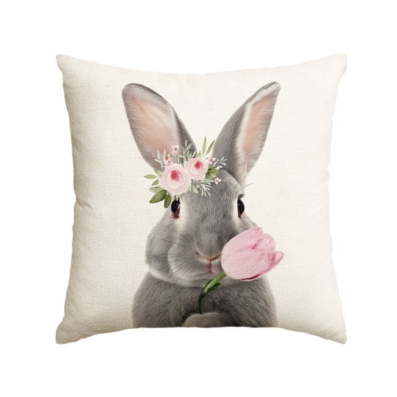 Sm:)e Bunny Tulip Easter Throw Pillow Cover, 18 x 18 Inch Spring Gray Rabbit Cushion Case Decoration for Sofa Couch