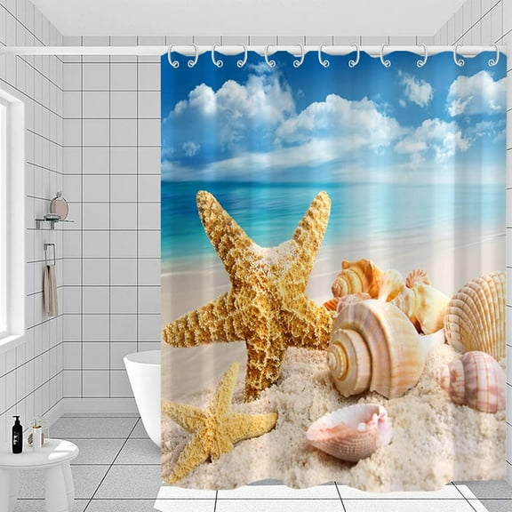 Waterproof Fabric Summer Beach Bath Shower Curtain with Hooks Sea Blue Sky Ocean Shells Starfish Wave Durable Cloth Curtains Set for Bathroom Decor Machine Washable 72x72 inches