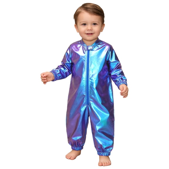 Raenseen Boys Girls Metallic Shiny Long Sleeve Zipper Disco Dance Jumpsuit Blue 18-24M