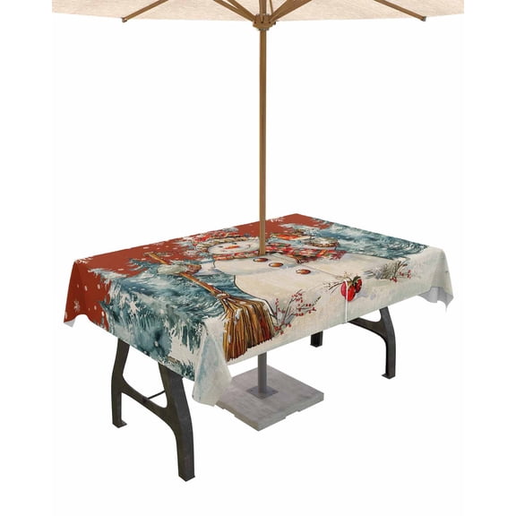 Boanket Outdoor Tablecloth with Umbrella Hole for Patio/Picnic/Party/Camping, Red Snowman Christmas Waterproof Table Cloth Rectangle Table Cover Washable, Winter Snowflake Tree Xmas (60"x 84")