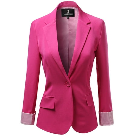 Blue Striped Sham FashionOutfit Women's Solid Long Sleeves One Button Closure Side Pocket Inner Stripe Blazer ()