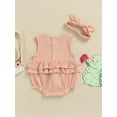 thumbnail image 5 of Musuos Baby Summer 2PCS Romper, 3 6 12 18M Sleeveless Plain Pleated Crew Neck Ruffle Snap Bottom Jumpsuit, Stretchy Bow Headband, 5 of 10
