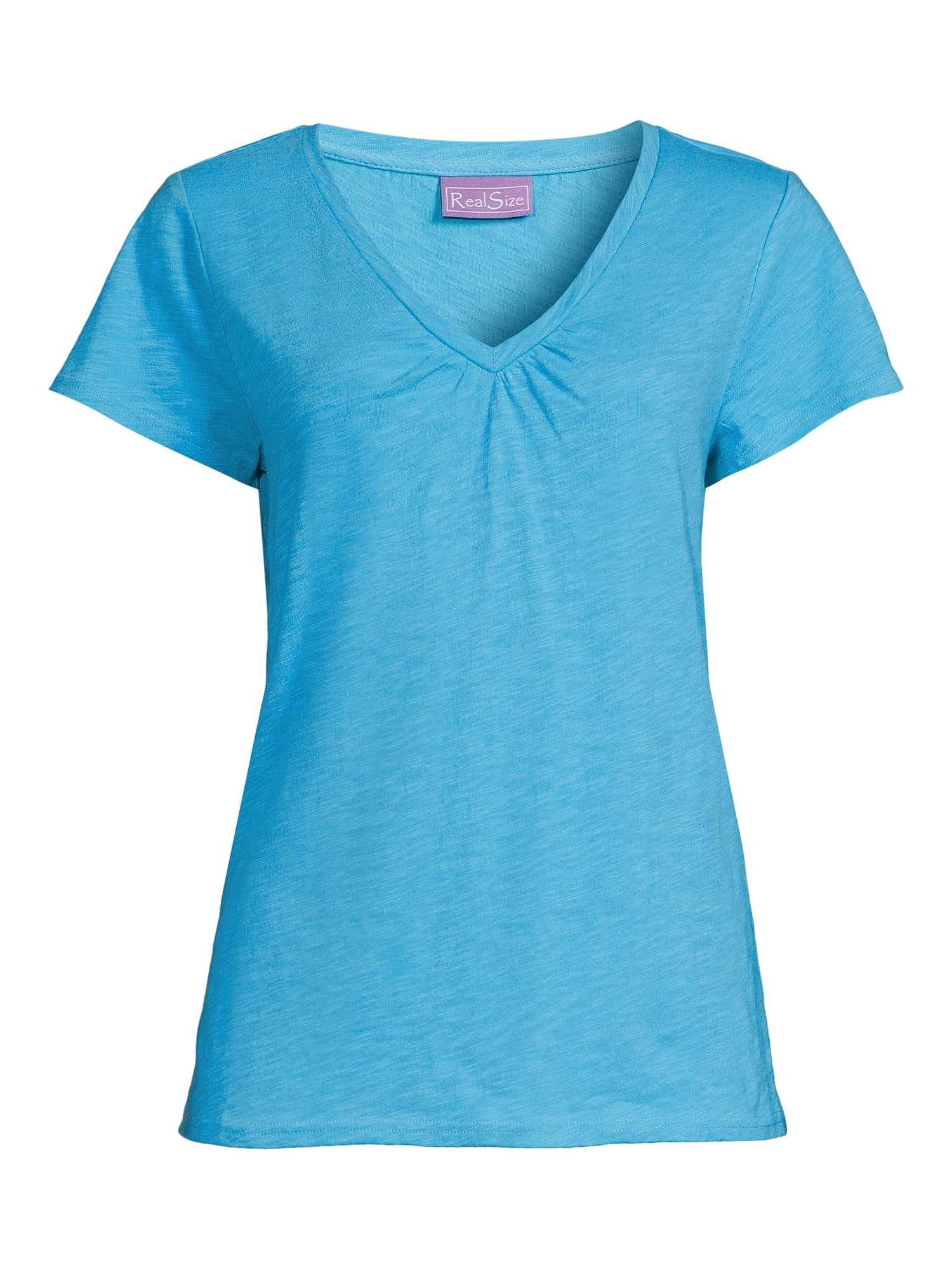 RealSize Women's Shirred V-Neck Tee with Short Sleeves, Sizes XS-3XL
