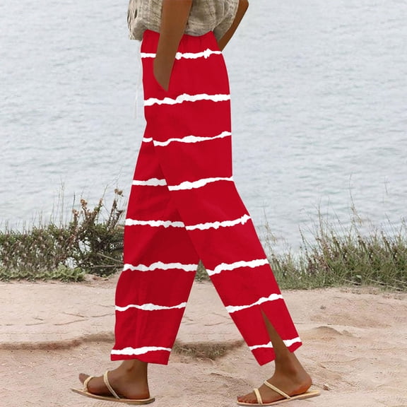 Cutuoiiu Women's Cotton Linen Casual Printed Drawstring Straight Leg Pants with Pockets & Split Hem for Summer Gifts