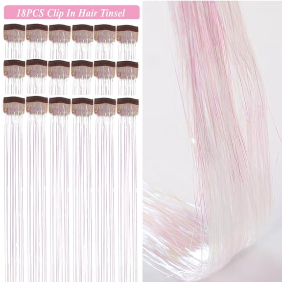 WEIF-Hair Tinsel Kit Pack of 18 Pcs Hair Tinsel Clip in 19.6Inch Glitter Tinsel Hair Extensions Heat Resistant Clip in Hair Tinsel Sparkle Fairy Hair Accessories for Kids Girls Women (White Pink)
