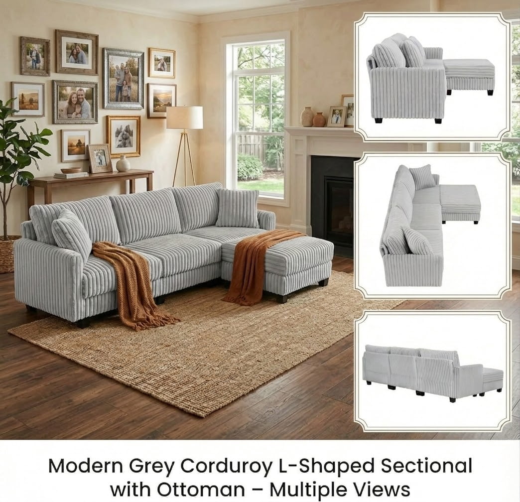 Howcool Cloud Couch Modular Sectional Sofa 3 Seat 100" L Shaped Convertible Couch Corduroy Thick Cushion with Ottoman, Removable & Washable Cover for Living Room，Grey