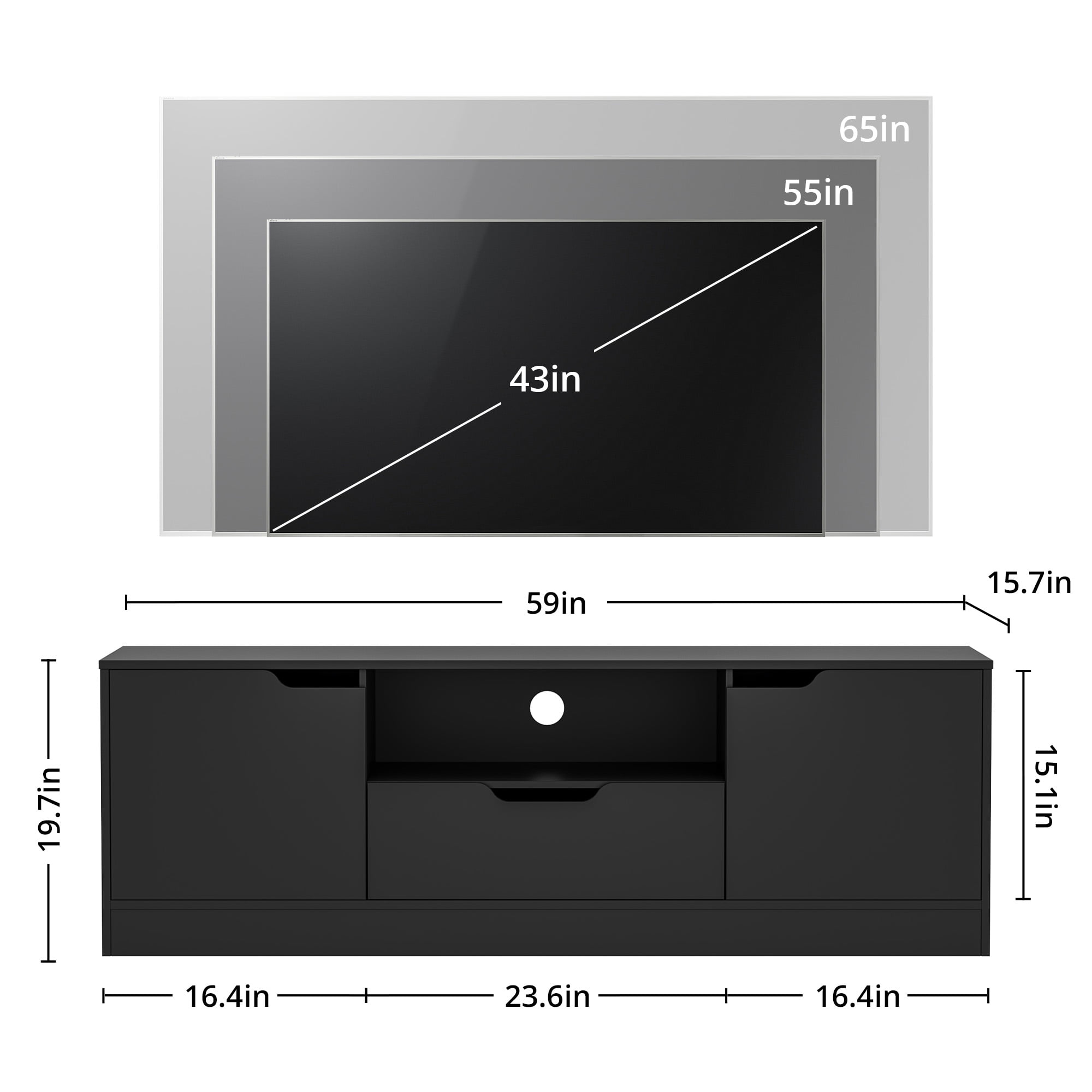 Modern TV Stand for 55/60/65 Inch TV, Media TV Console Table with 2 Doors & Drawer, Entertainment Center with Storage Cabinet for Living Room, Bedroom, Black