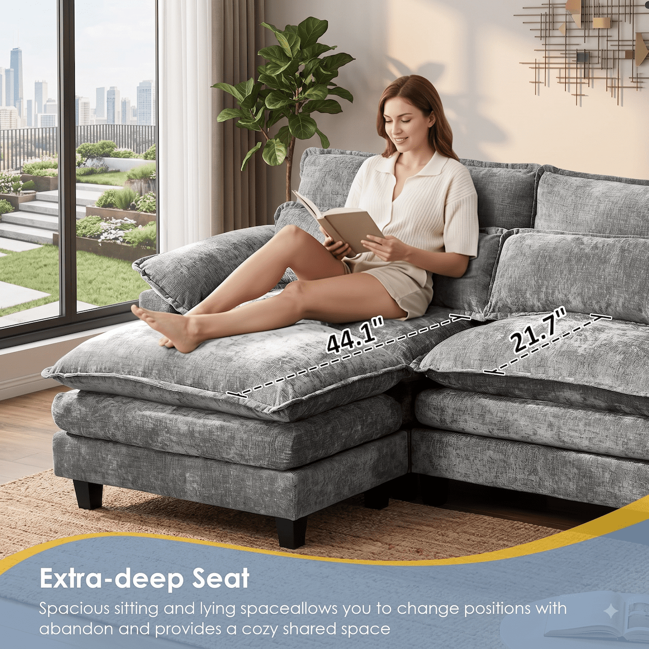 148" Convertible Cloud Sectional Sofa, Modern Chenille L Shaped Couch with Reversible Chaise, Deep Seat 6 Seat Sectional Sofa with Pillows, Comfy Upholstered Couch for Living Room Apartment (Grey)