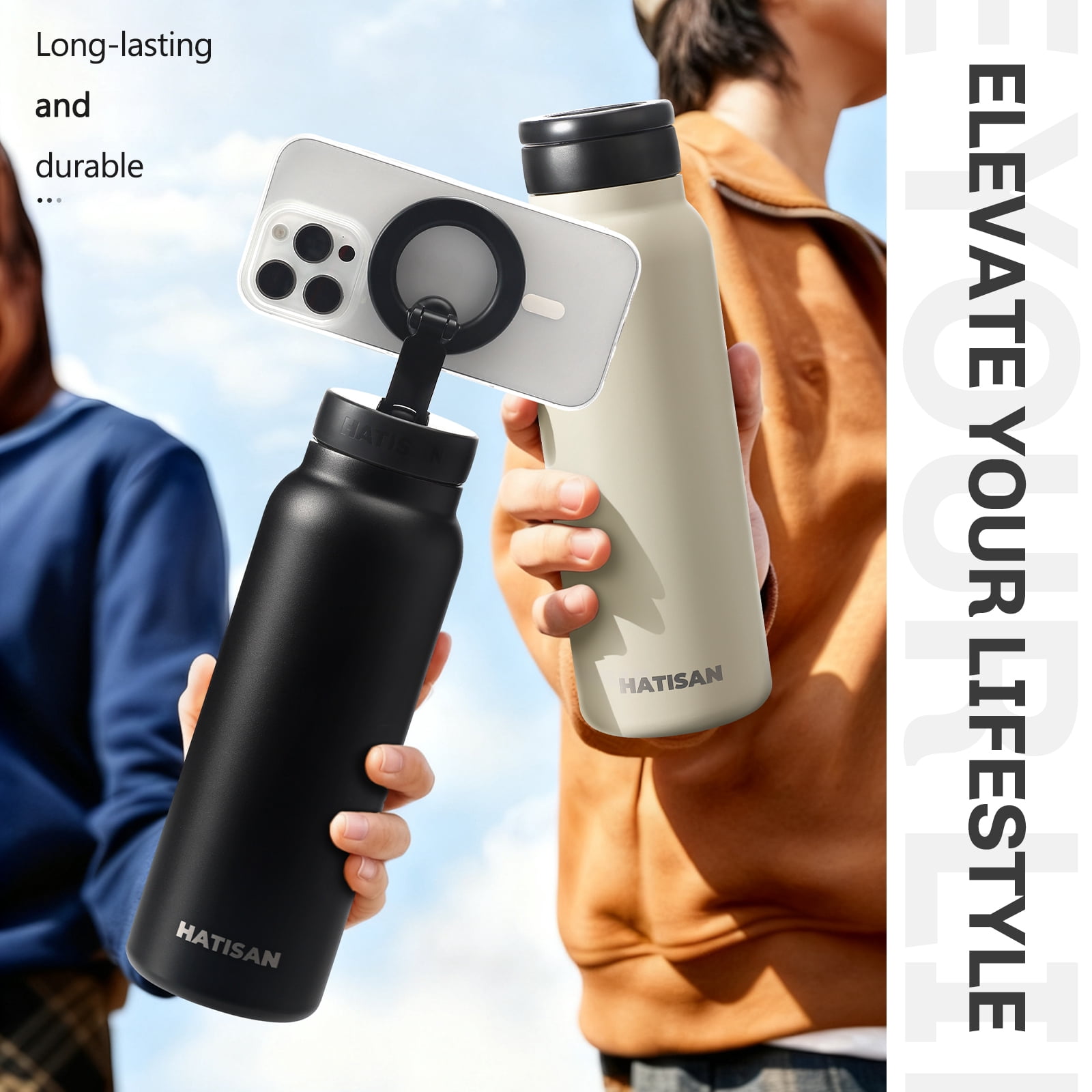 Hatisan 24 oz Insulated Water Bottle, Magnetic Stainless Steel Water Bottle, with Mobile Phone Holder Tripod, Hot for 12H, Cold for 24H(Black)