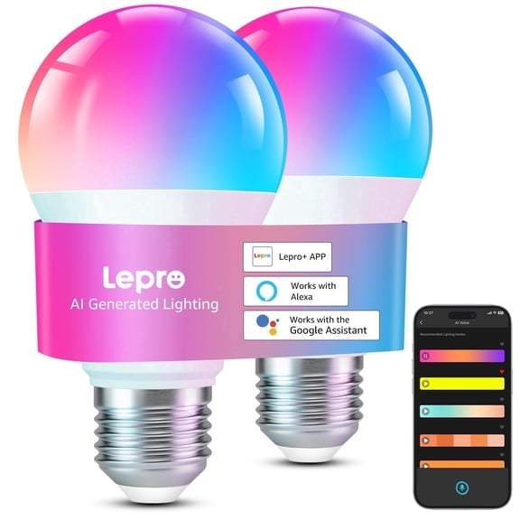 Lepro B1 AI Smart LED Bulb, Wi-Fi and Bluetooth Rgbww Color Changing, Works with Alexa and Google, 2 Pack