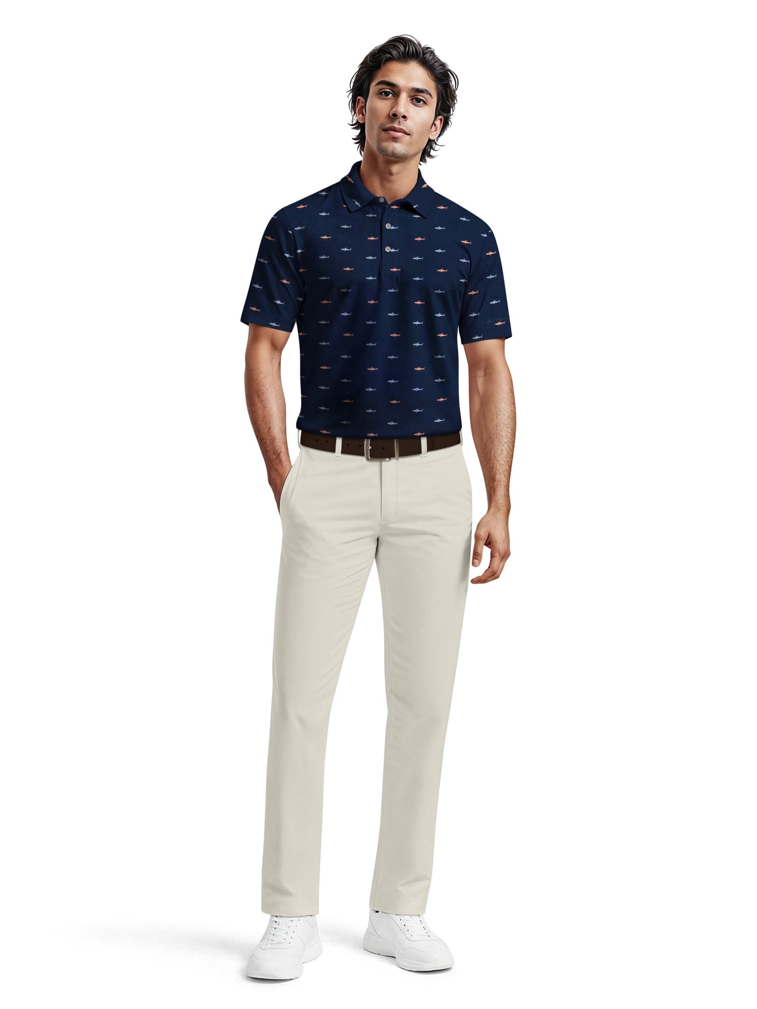 Ben Hogan Men's & Big Men's Performance Shark Print Golf Short Sleeve Polo Shirt, up to 5XL