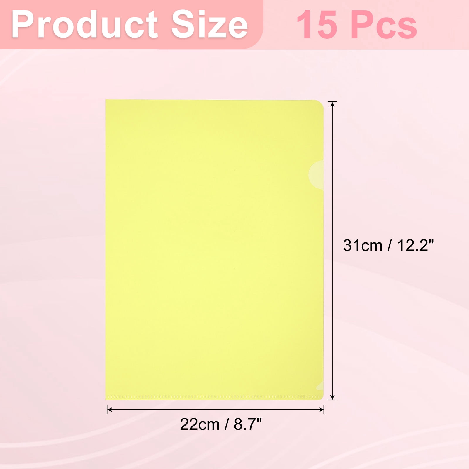 A4 Plastic Folders, 15 Pack Clear Folders L Type Project Pockets Paper Document Jacket Sleeves L Shaped Transparent for Documents Plastic Office File, 8.7x12.2in, Yellow