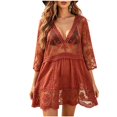 thumbnail image 3 of Hesxuno Women Swimsuit Cover Ups 3/4 Sleeve Swim Dress Lace Bathing Suit Cover Up Beach Boho Vacation Restro Beachwear Red Free Size, 3 of 7