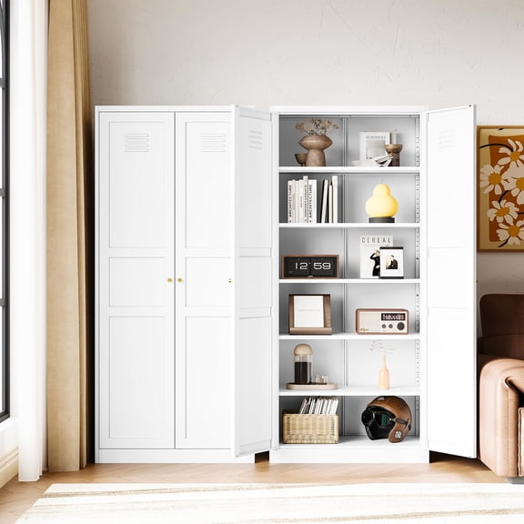 WinVoyage White Metal Storage Cabinet w/ Adjustable Shelves for Kitchen, Pantry, Garage, Office & Bathroom - 32"W x 71"H