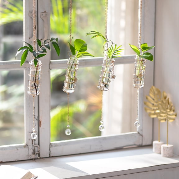 Glasseam Set of 4 Hanging Propagation Stations with Crystal Suncatchers: Elegant Glass Wall Planters for Indoor Plants Hydroponics Gold Metal Chain Home Decor Idea Gift for Women Plant Lovers
