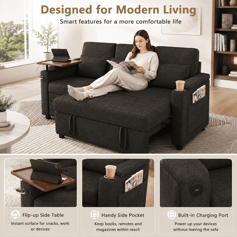 3-in-1 Convertible Sofa Bed, 3-Seater Chenille Couch with Adjustable Backrest, USB Charging Ports, Table Board and Storage Armrests, 81'' Foldable Sleeper Sofa for Living Room