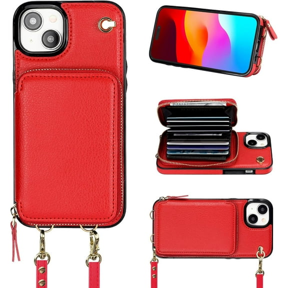 Crossbody Wallet Case for iPhone 15 Plus, RFID Blocking Leather Purse Case with Card Holder, Protective Handbag Flip Cover with Zipper Wrist Strap Lanyard for Women 5G 6.7 Inch (Red)