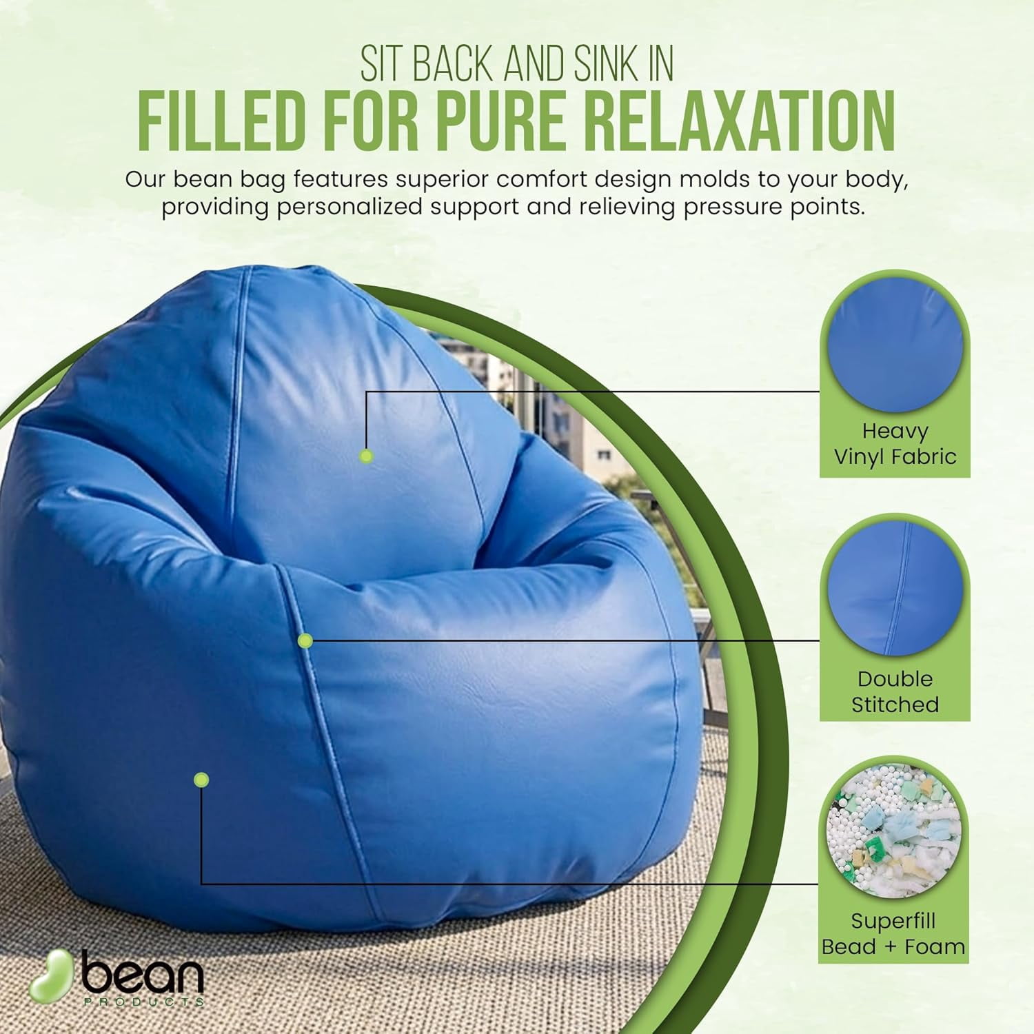 Vinyl 31x33x20" Small Bean Bag Chair - w/Polystyrene Beads and CertiPUR Foam Filled Bean Bag for Teens and Kids - Aqua