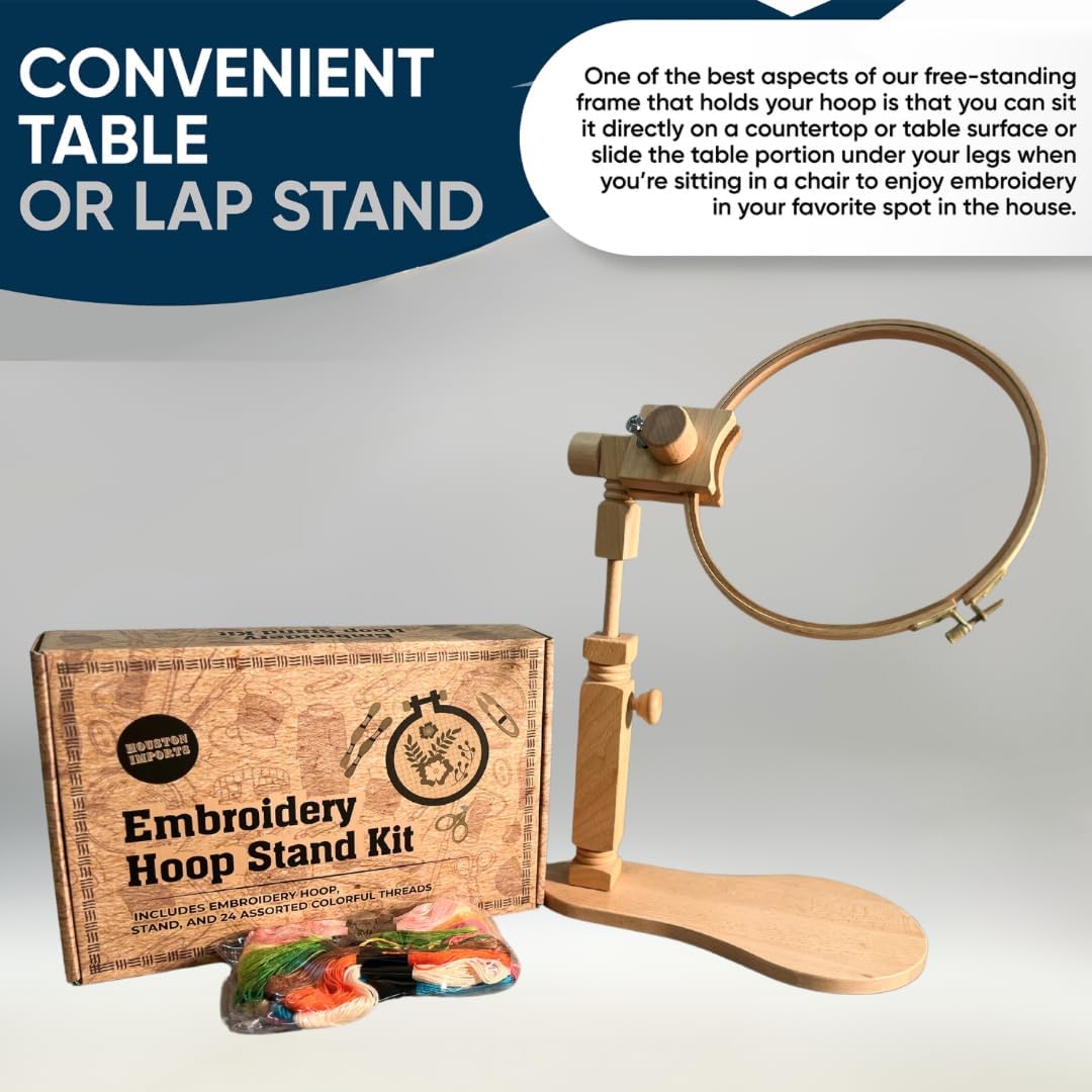 Houston Imports  Hand Embroidery Kit with 8” Hoop, Stand, and 24 Assorted Color Threads, Beginner Sewing and Needlepoint Bundle with Accessories, Hands-Free Adjustable Frame for Arts.