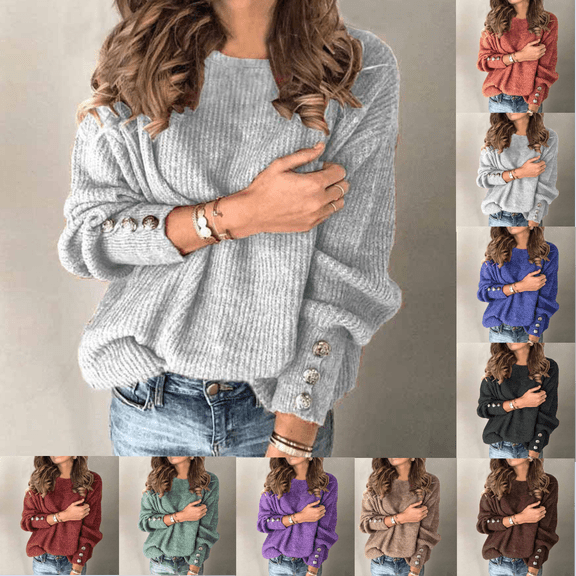 thefmos Women Plus Size Fall Winter Long Sleeve Knitted Button Sweater Tops Casual Pullover Solid Basic Crewneck Blouses Dressy Holiday Fashion Clothes, Gray M