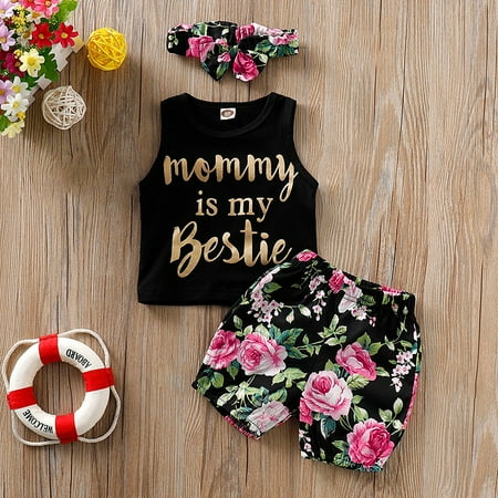 

DAETIROS Quick Drying Toddler Baby Girl Letter Vest Tops+Floral Printed Shorts+Headbands Set Outfit Black