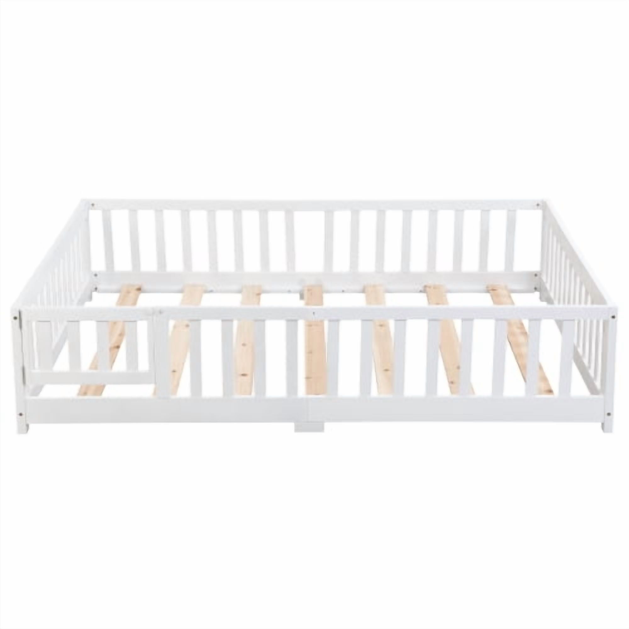 full Size Floor Bed with Door,Solid Wood Platform Bed Frame with Fence,Suitable for children,Pine Wood,White