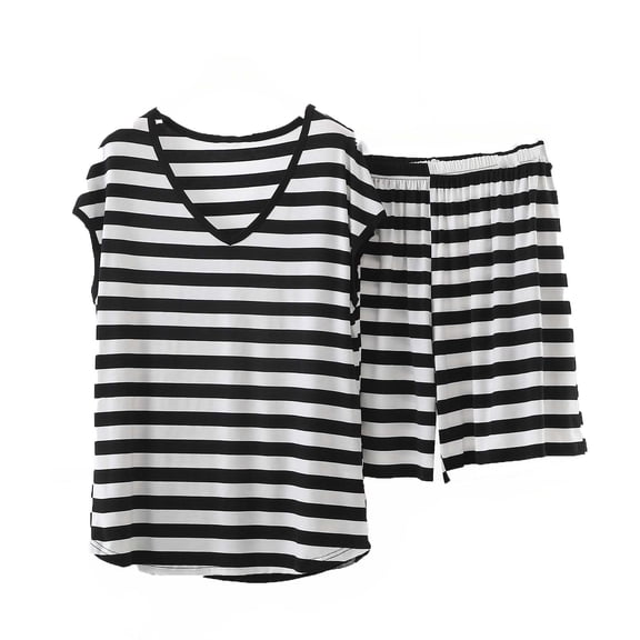 Cmfcve Plus Size Lounge Sets for Women Striped V Neck Tops and Elastic Waist Shorts Matching Outfits Casual Summer Pajama 2 Piece Sets
