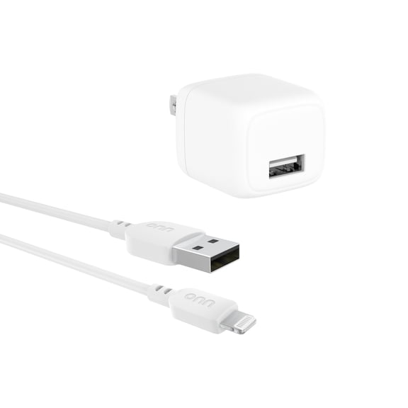 onn 12W USB-A Wall Charger with 3ft Lightning Cable, Foldable Plug, White