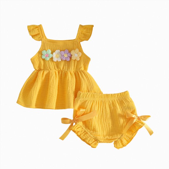 mgoYE Baby Girl Outfit Baby Girl Summer Clothes 6 12 18 24 Months Sleeveless Ruffled Top and Shorts Set T-Shirt Set Size 18-24 Months