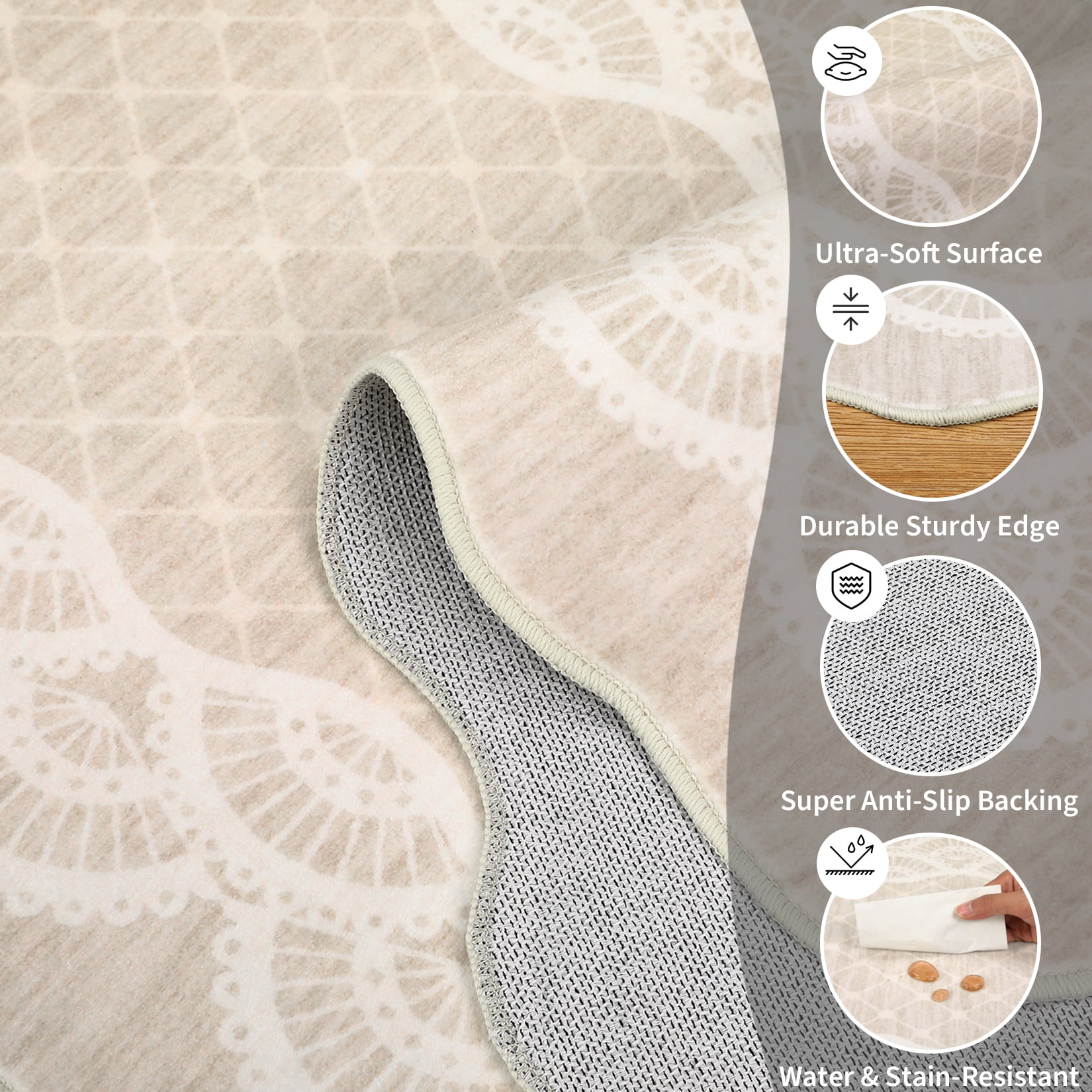 Hasoo Washable Living Room Area Rug 9x12 Large Modern Scalloped Border Non-Slip Soft Foldable Indoor Beige Carpet