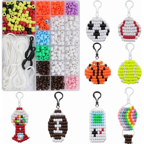1 Box DIY 8 Sets Bead Craft Kit Pony Beads Keychain Making Kits Sport Themed 8mm Football Soccer Basketball Tennis Ball Opaque Pony Beads Beading Cord Plastic Lobster Clasps for Crafts diy