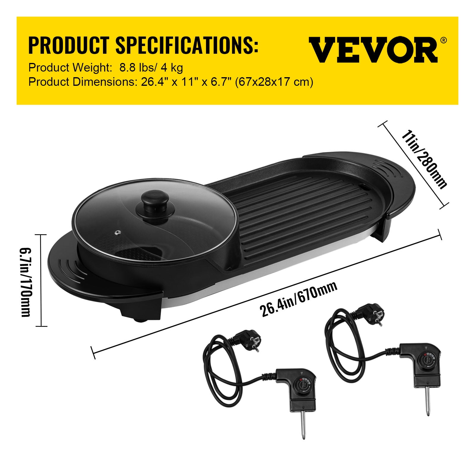 VEVOR 2 in 1 BBQ Pan Grill and Hot Pot with Divider Multifunctional Teppanyaki Grill Pot, Separate Dual Temperature Control Electric BBQ Stove Hot Pot
