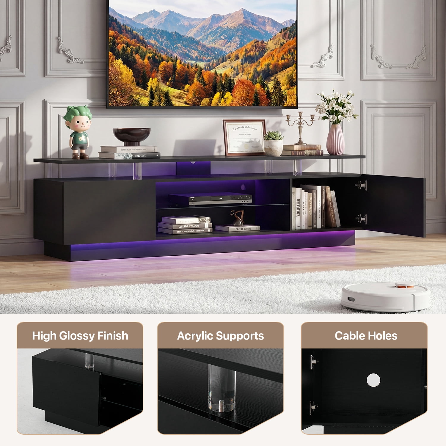 BaPiPro 70" LED Modern TV Stand for 65"-75" TVs, Entertainment Center TV Console with Music Sync LED for Living Room, Black