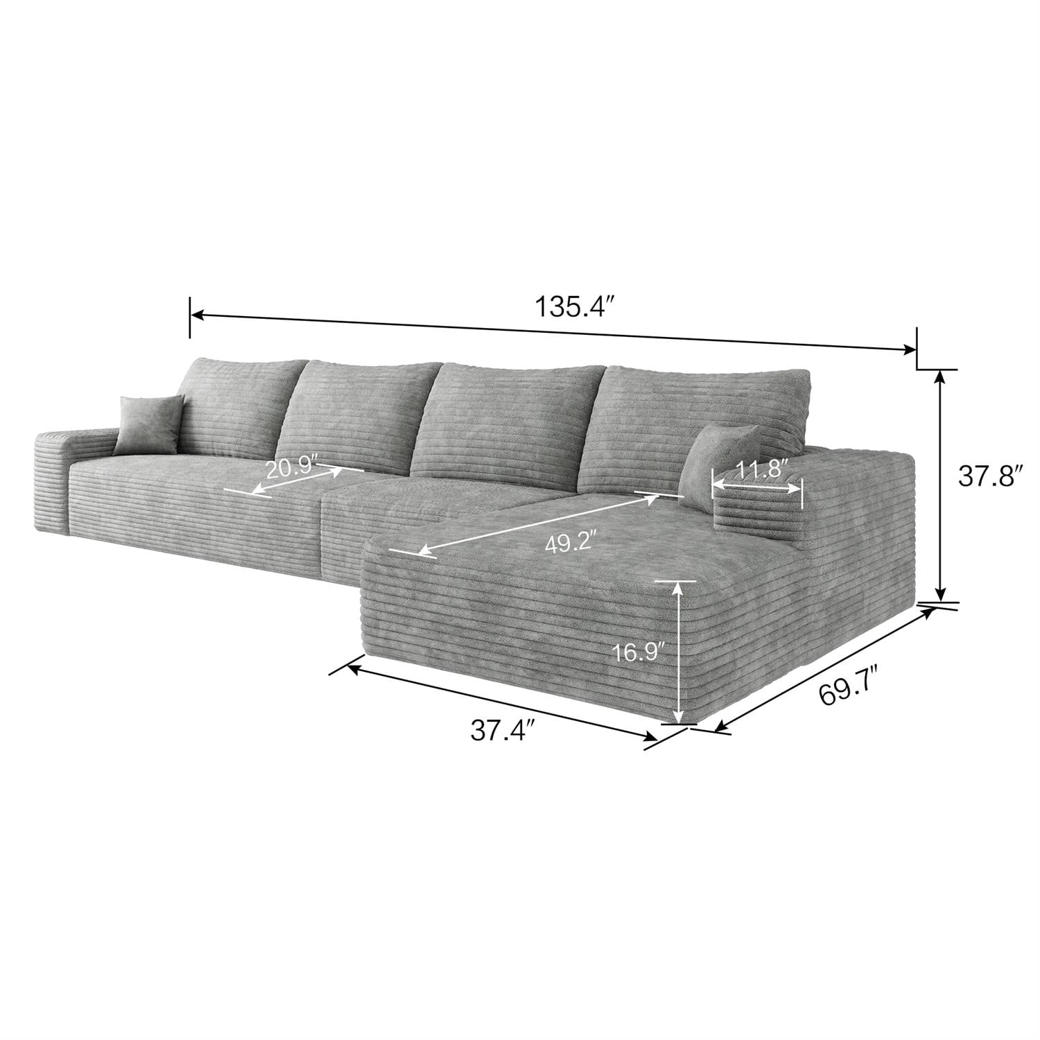 Demi Bonn 135" L-Shaped Cloud Sectional Sofa with Chaise, Modern Deep Seat Modular Couch for Living Room/Bedroom, No Assembly Needed, Gray