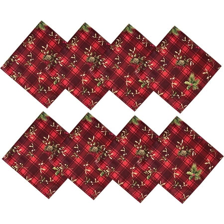 

Newbridge Holiday Spruce Plaid Christmas Fabric Napkins Holly Evergreens Acorn and Red Plaid Print Xmas Soil Resistant No Iron Easy Care Tablecloth Set of 8 Fabric Napkins