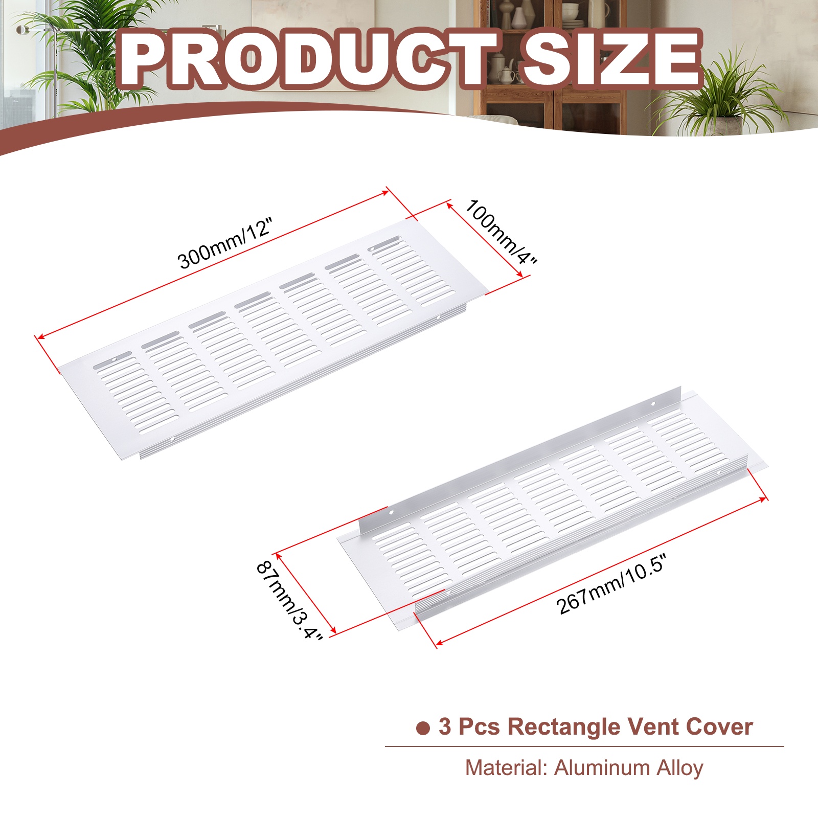 Uxcell 12 x 4" Rectangle Ventilation Grille 3Pcs Aluminum Air Vent Cover Silver