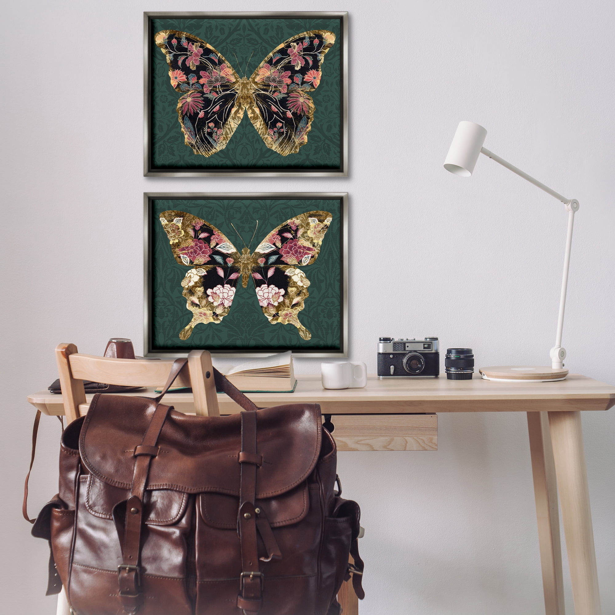 Stupell Industries Gold Black Floral Butterfly Animals Painting Gray Floater Framed Canvas Art Print Wall Art, 31 x 25, Set of 2