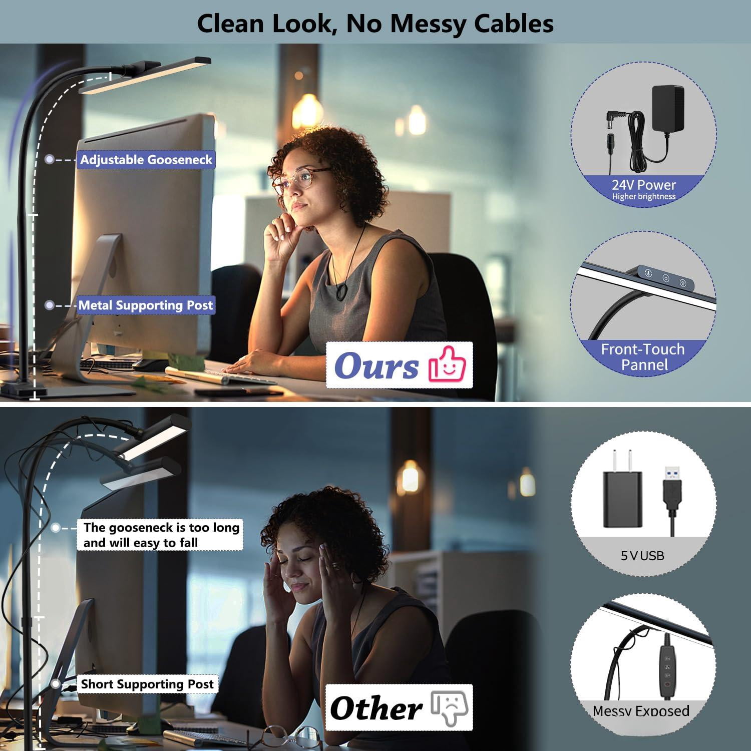 Led Desk Lamp With Base: Bright Lights For Home Office - Eye Care Reading Table Lamps Dimmable Desktop Lighting Computer Monitor Study Drafting Black