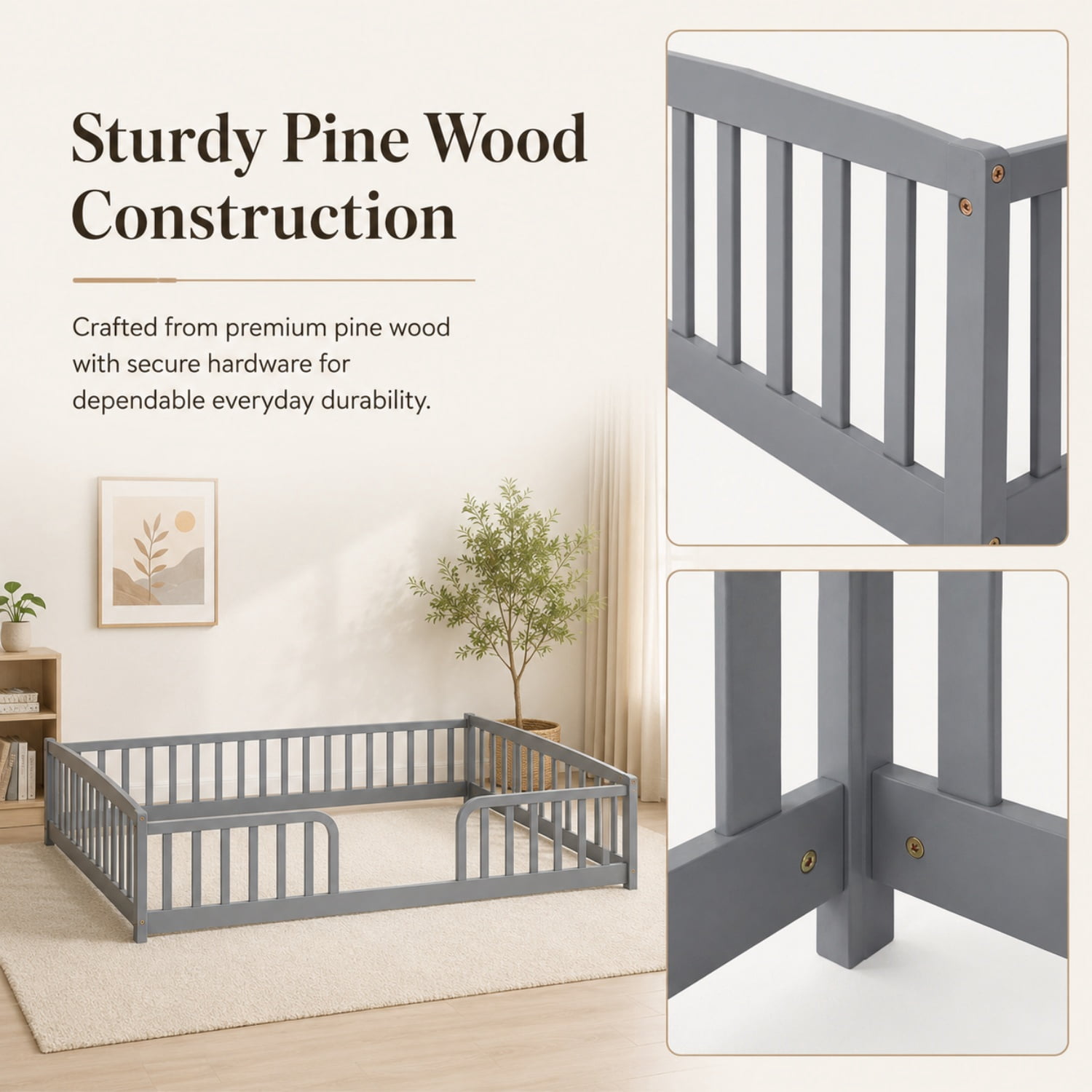 Miniyam Full Size Floor Bed with Guardrails, Low Profile Wooden Kids Bed Frame with Rounded Entrance, Gray