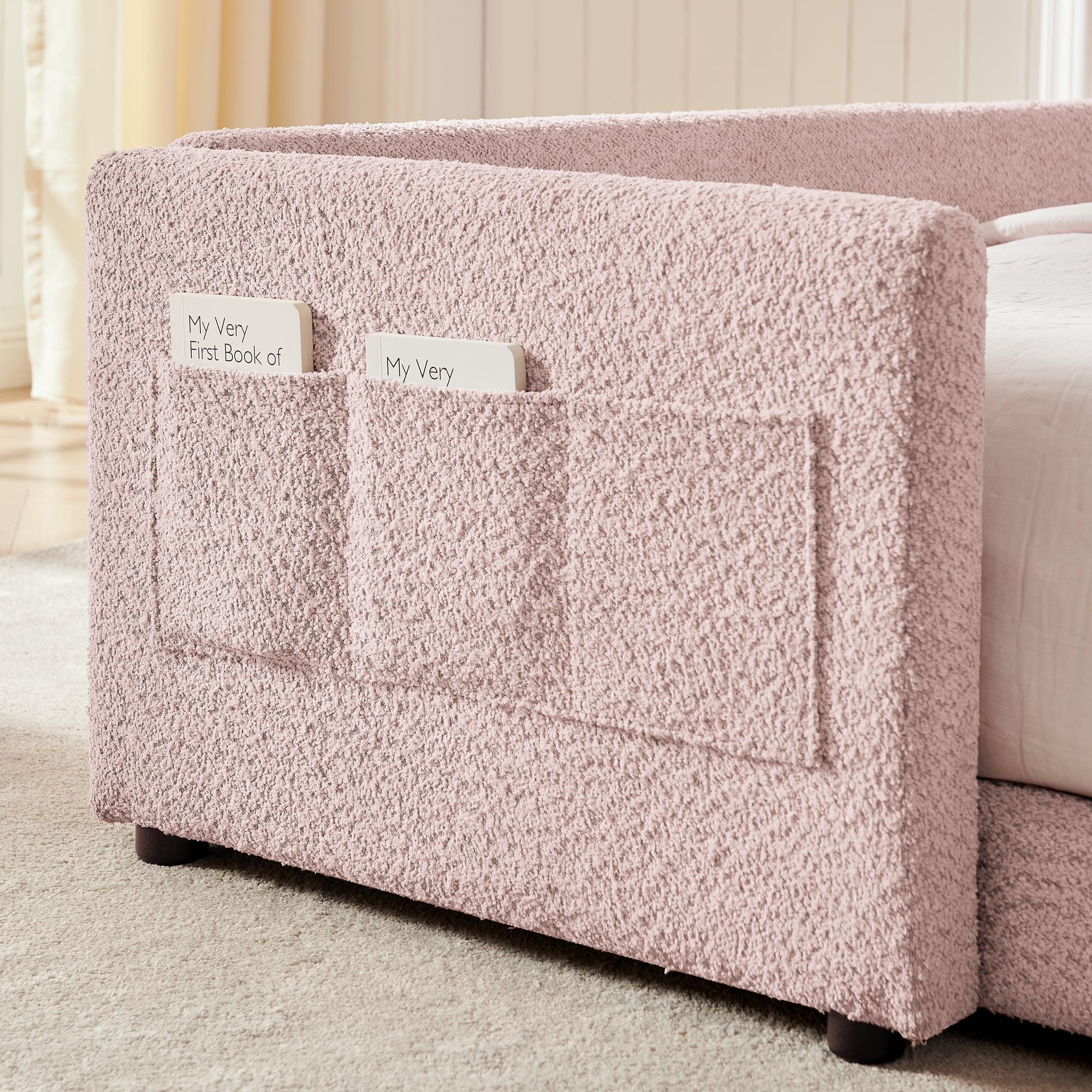 T-Joy Cute Kids Bed with Rail and Pocket, Boucle Wooden Platform Bed with Rabbit Ear, Full Size, Pink