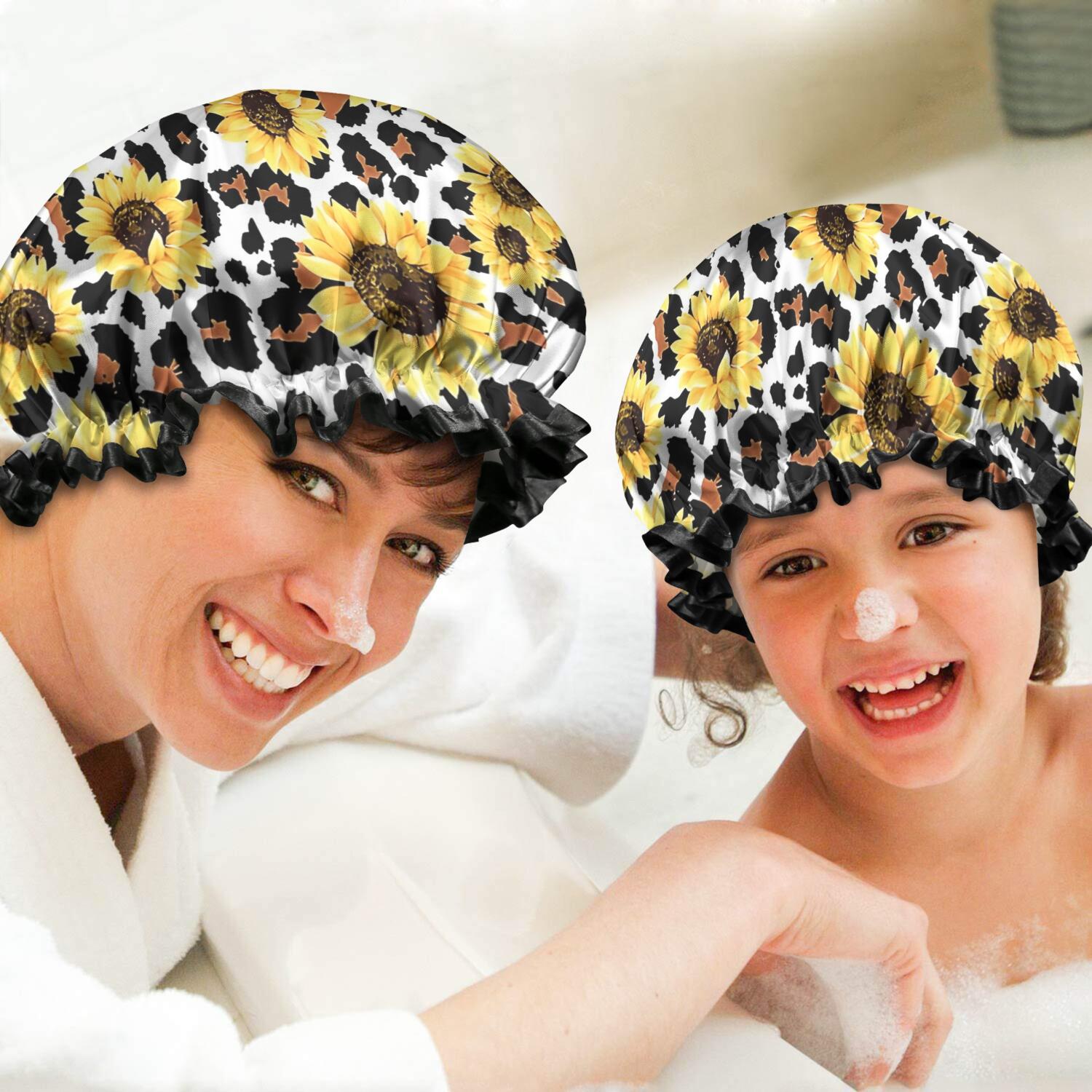 Shower Caps,Leopard Sunflower Pattern Waterproof Shower Cap for Women 4 Pieces,Double Reusable Hair Cover for Shower PEVA Elastic Stretch Hem
